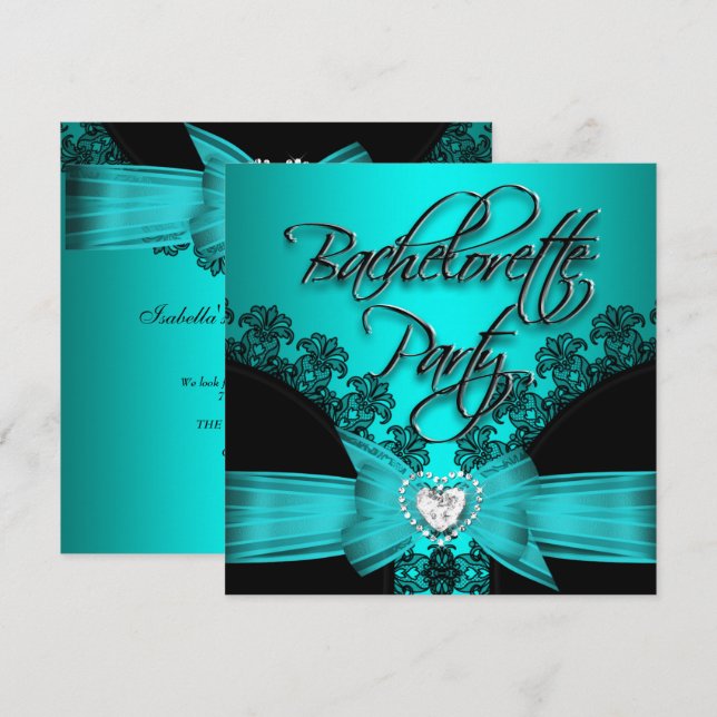 Bachelorette Party Teal Blue Black Lace 2 Invitation (Front/Back)