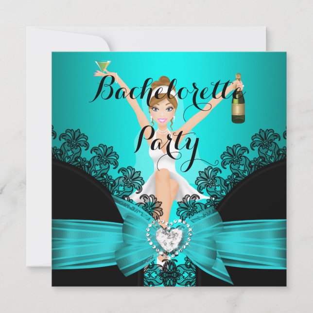 Bachelorette Party Teal Blue Black Lace fun Invitation (Front)