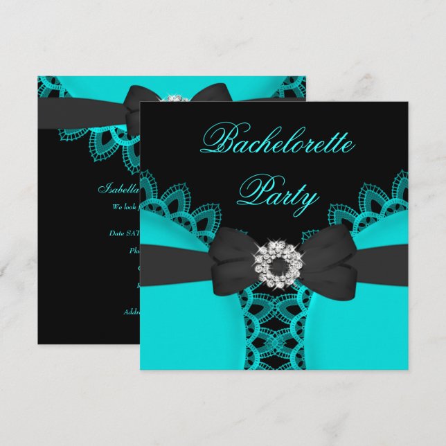 Bachelorette Party Teal Blue Black Lace Invitation (Front/Back)