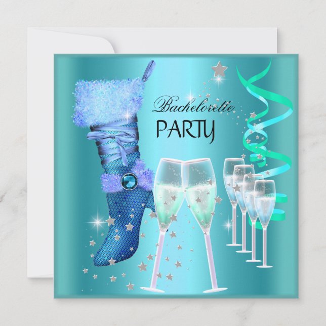 Bachelorette Party Teal Blue Boot Champagne Invitation (Front)