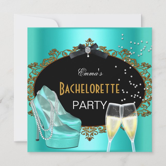 Bachelorette Party Teal Blue Gold Black Shoes Invitation (Front)