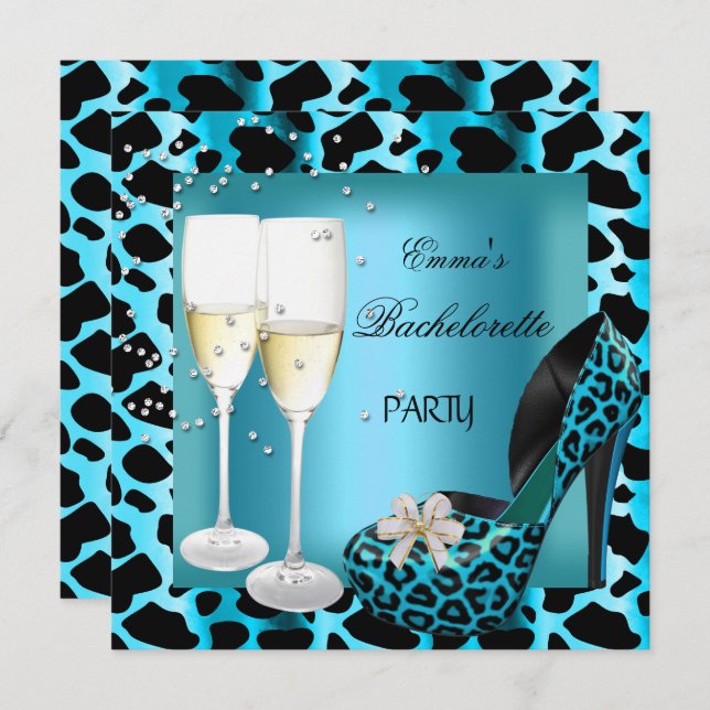 Bachelorette Party Teal Blue Leopard Black Shoes Invitation (Front/Back)