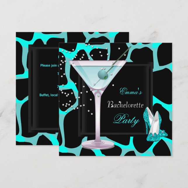 Bachelorette Party Teal Blue Leopard Shoes Black Invitation (Front/Back)