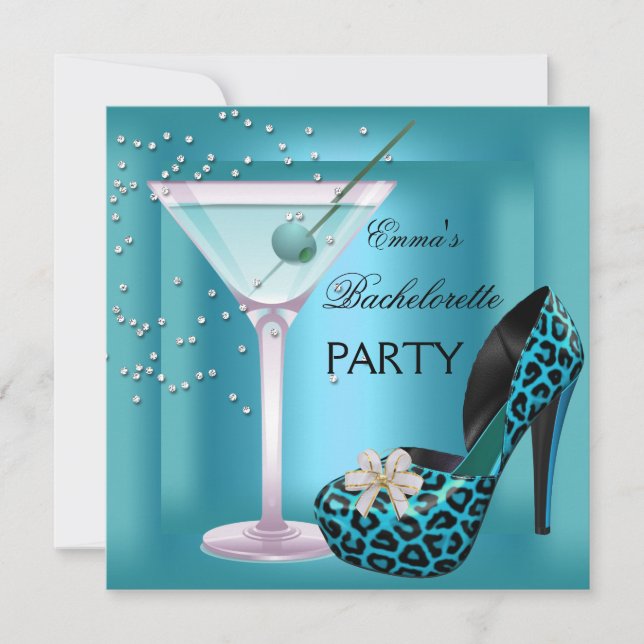 Bachelorette Party Teal Blue Leopard Shoes Glass Invitation (Front)