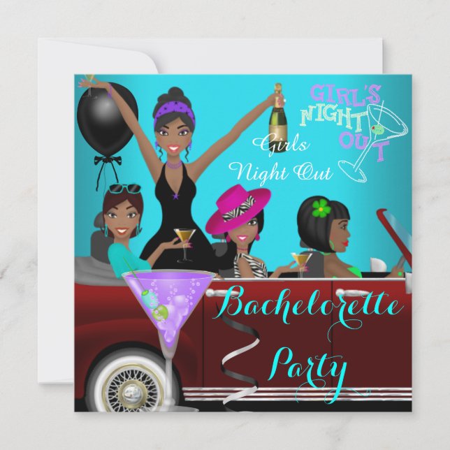 Bachelorette Party Teal Fun Limo Car Cocktails 2 Invitation (Front)