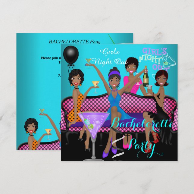 Bachelorette Party Teal Pink Fun Girls Cocktails 3 Invitation (Front/Back)