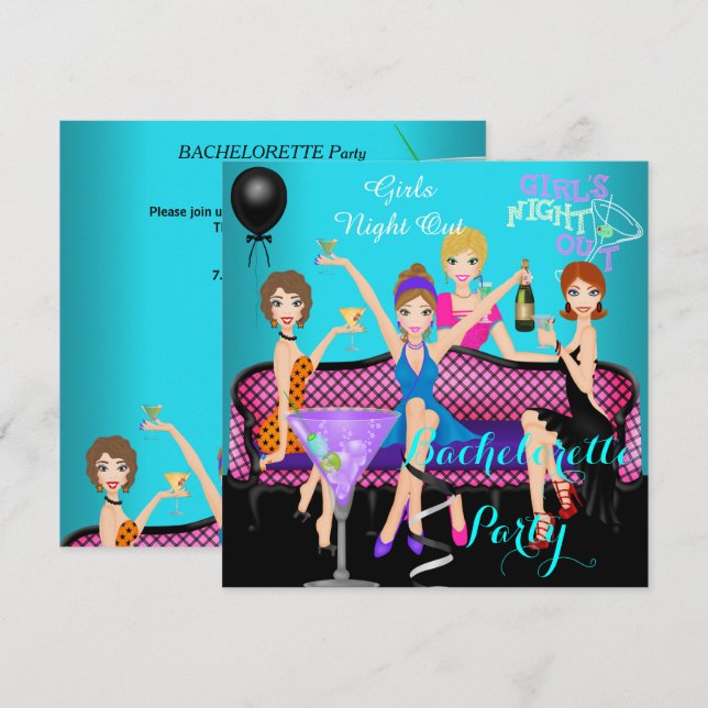 Bachelorette Party Teal Pink Fun Girls Cocktails 4 Invitation (Front/Back)