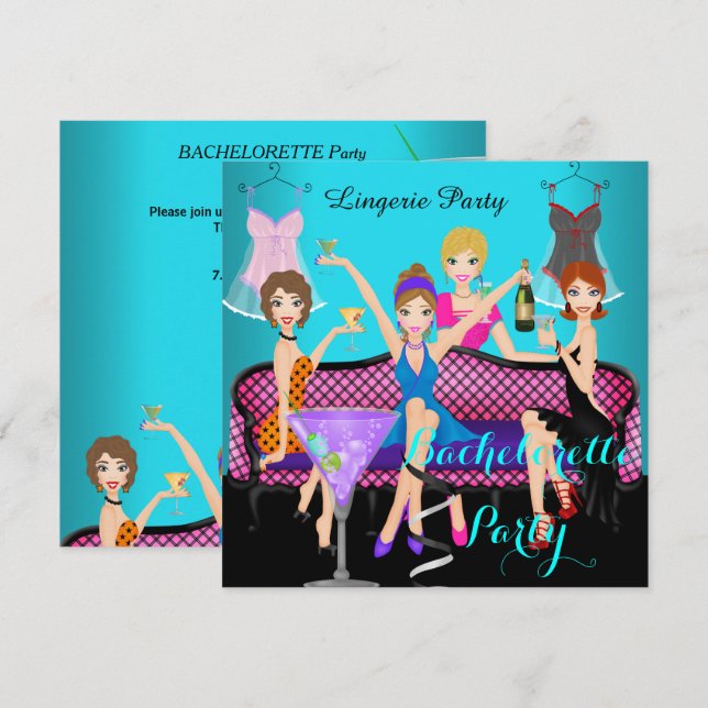 Bachelorette Party Teal Pink Lingerie Cocktails Invitation (Front/Back)