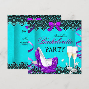 Bachelorette Party Teal Purple High Heel Champagne Invitation