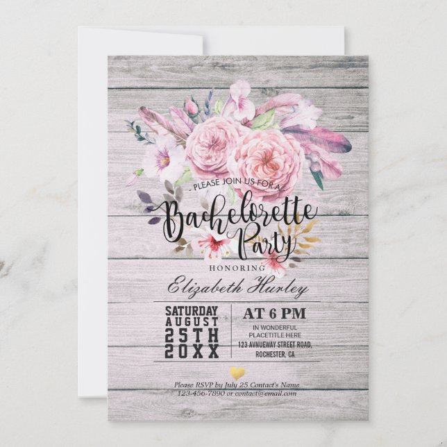Bachelorette Party Watercolor Boho Floral Feather Invitation (Front)