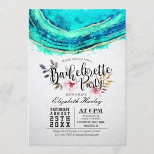 Bachelorette Party Watercolor Teal Gold Agate Geod Invitation