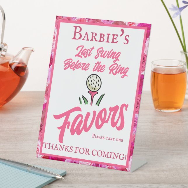 Bachelorette Party Wedding Golfing Pink Floral Pedestal Sign (In SItu)