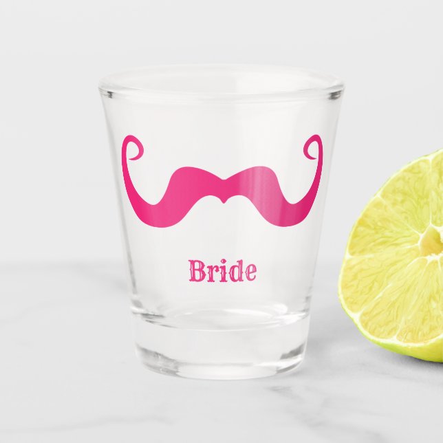 Bachelorette party / wedding pink curly moustache shot glass (Front)