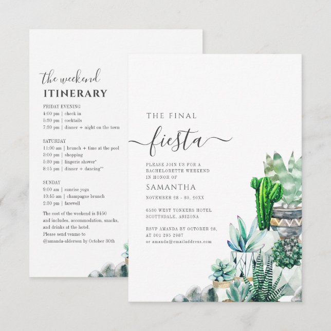 Bachelorette Party Weekend with Itinerary Cactus Invitation (Front/Back)