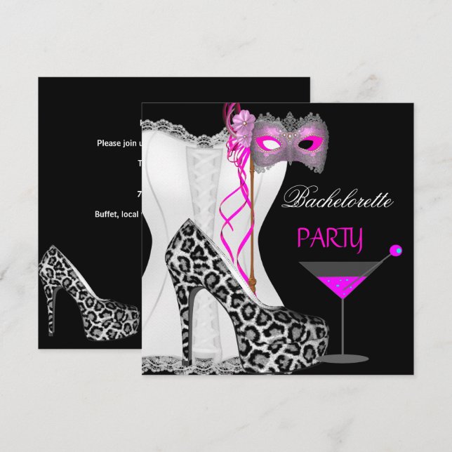 Bachelorette Party White Corset Pink Leopard Invitation (Front/Back)