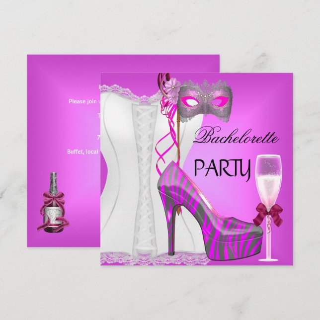 Bachelorette Party White Corset Pink Zebra Shoes Invitation (Front/Back)