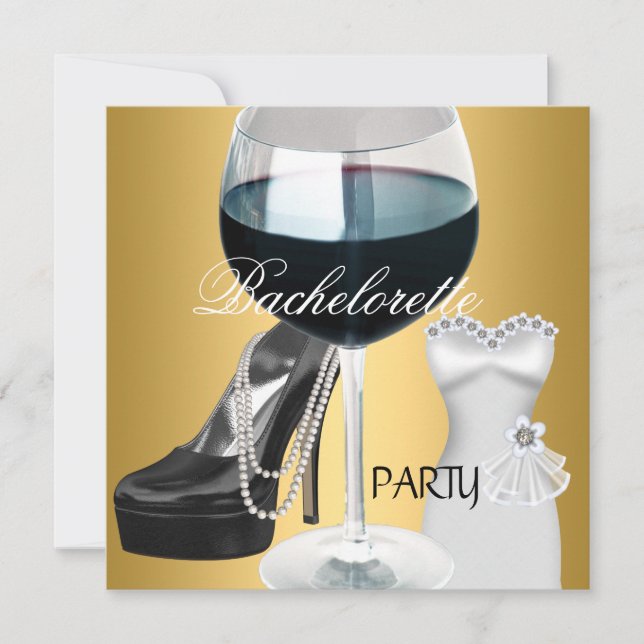 Bachelorette Party Wine Gold Black White Dress Invitation (Front)