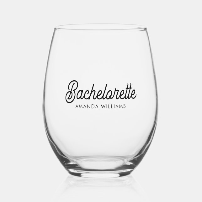 Bachelorette Personalised Black Typography Stemless Wine Glass (Front)