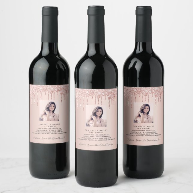 Bachelorette photo rose gold glitter fun facts bio wine label (Bottles)