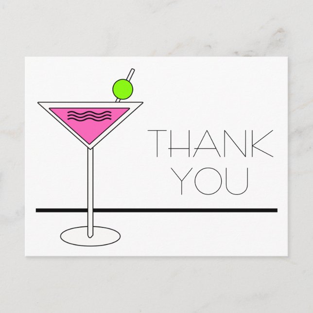 Bachelorette Pink Martini Cocktail Party Thank You Postcard (Front)