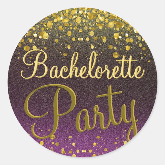 Bachelorette Purple and Gold Confetti Classic Round Sticker (Front)