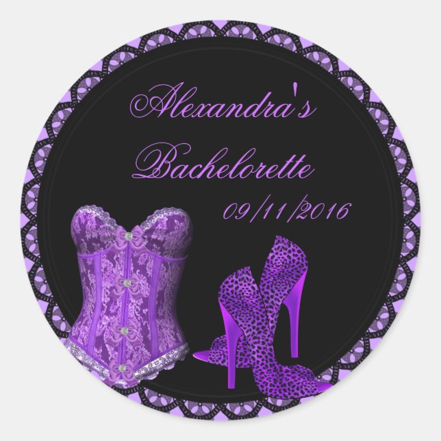 Bachelorette Purple Black Lace Corset Shoes Classic Round Sticker (Front)