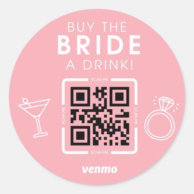 Bachelorette QR Code Buy The Bride a Drink Pink Classic Round Sticker (Front)