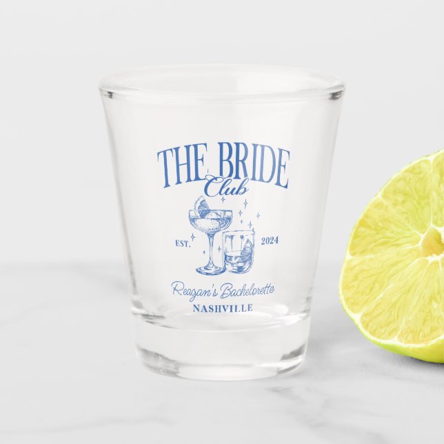 Bachelorette Retro Cocktail Blue Bride Shot Glass (Front)