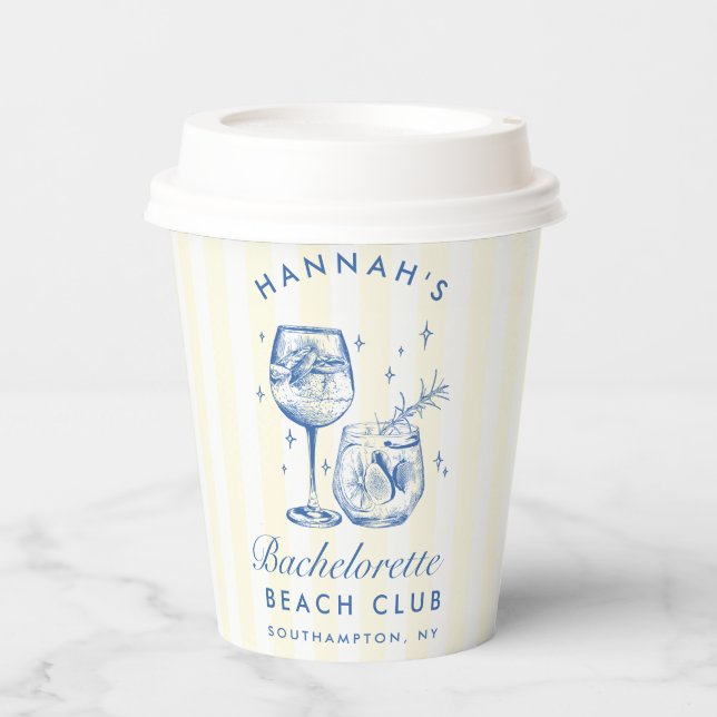 Bachelorette Retro Cocktail Blue & Yellow Stripes Paper Cups (Front)