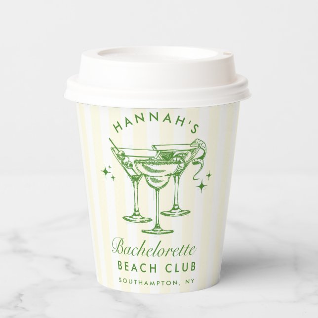 Bachelorette Retro Cocktail Green & Yellow Stripes Paper Cups (Front)