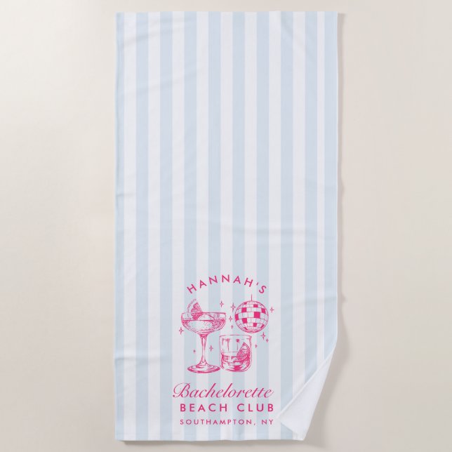 Bachelorette Retro Disco Cocktail Blue & Pink Beach Towel (Front)