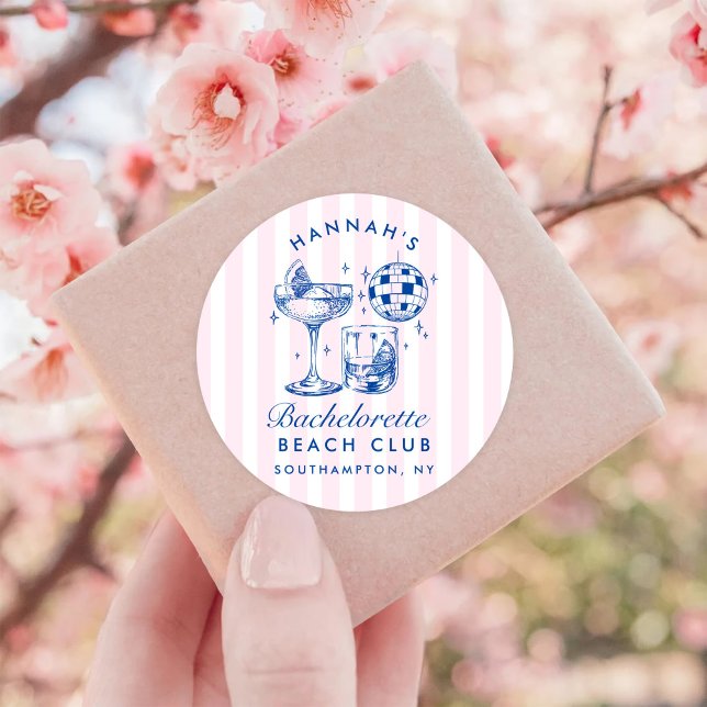 Bachelorette Retro Disco Cocktail Blue & Pink Classic Round Sticker (Creator Uploaded)