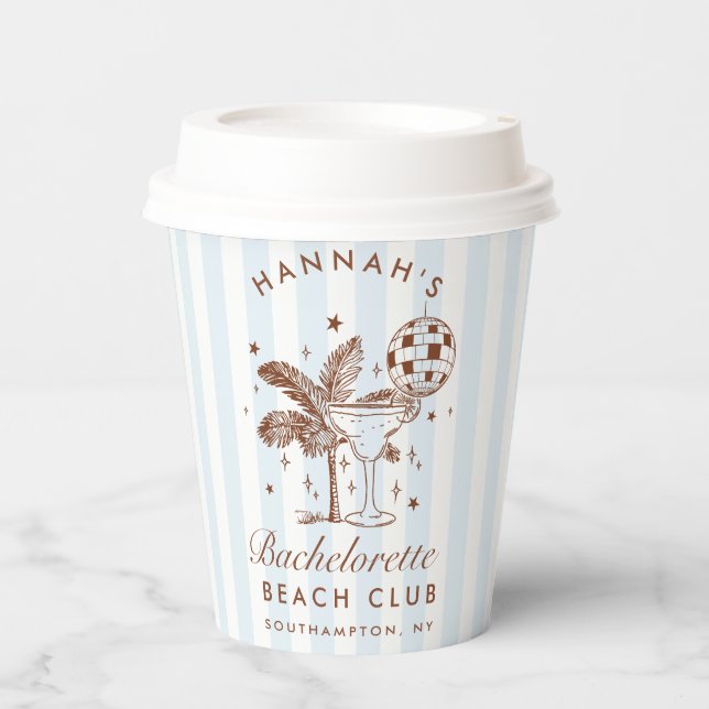 Bachelorette Retro Modern Blue & Brown Stripes Paper Cups (Front)