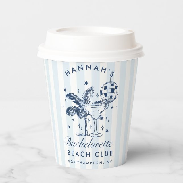 Bachelorette Retro Modern Blue & Grey Stripes Paper Cups (Front)