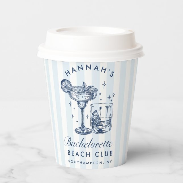 Bachelorette Retro Modern Blue & Grey Stripes Paper Cups (Front)