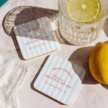 Bachelorette Retro Modern Red & Blue Coaster<br><div class="desc">Bring coastal flair to every cocktail with these personalised striped bachelorette party coasters. The light blue and white background paired with coral red typography adds a playful preppy touch — perfect for poolside drinks, brunch setups, or beach house gatherings. Customise with the bride’s name, location, or date to match your...</div>