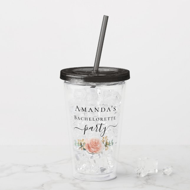 Bachelorette rose gold floral eucalyptus greenery acrylic tumbler (Back Ice)