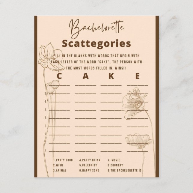 Bachelorette Scattegories Party Game Enclosure Card (Front)