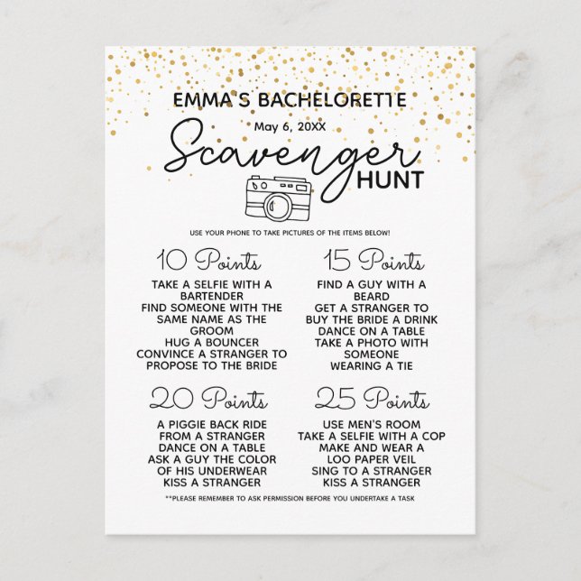 Bachelorette scavenger hunt game hen party announcement postcard (Front)
