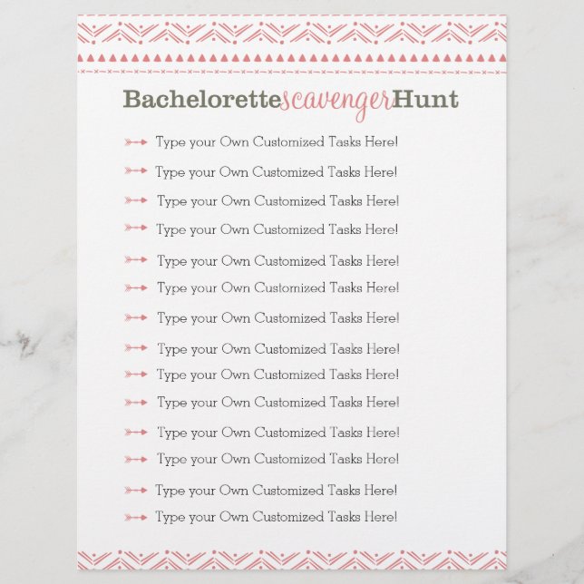 Bachelorette Scavenger Hunt Game Pink Tribal (Front)