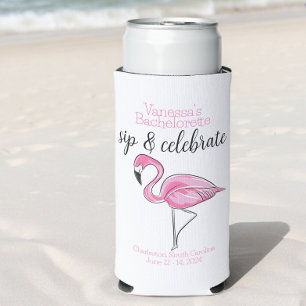 Bachelorette Sip & Celebrate Pink Flamingo Custom Seltzer Can Cooler
