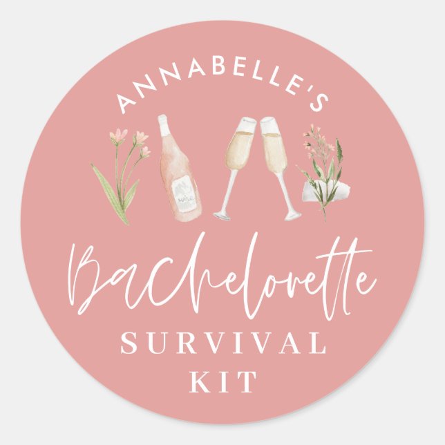 Bachelorette survival kit pink floral champagne classic round sticker (Front)