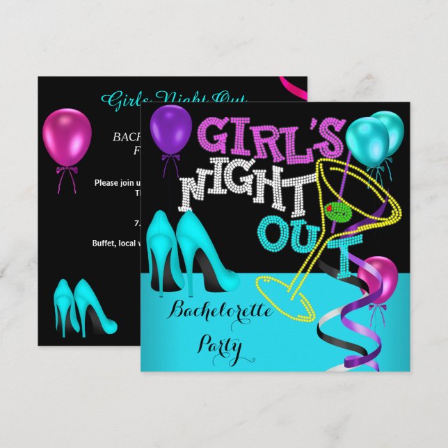 Bachelorette Teal Pink Black Purple Hi Heels Party Invitation (Front/Back)
