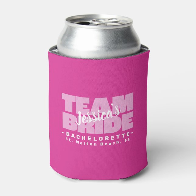 Bachelorette Team Bride Wedding Cool Retro Pink Can Cooler (Can Front)