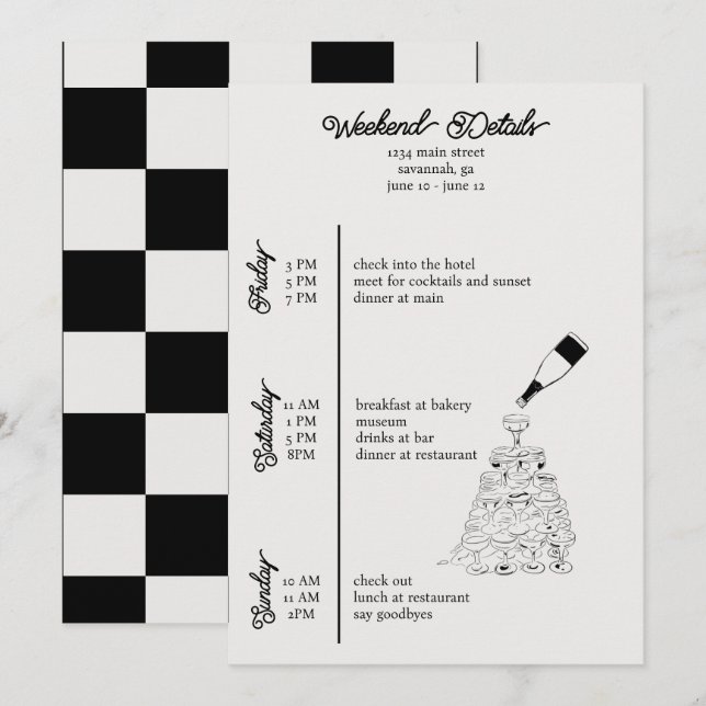 bachelorette weekend details black and white  invitation (Front/Back)