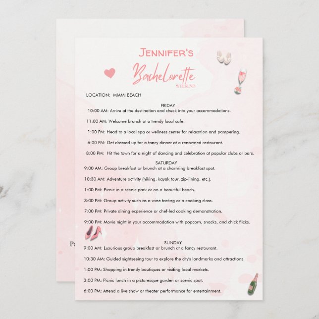 Bachelorette Weekend Editable Itinerary  Invitation (Front/Back)