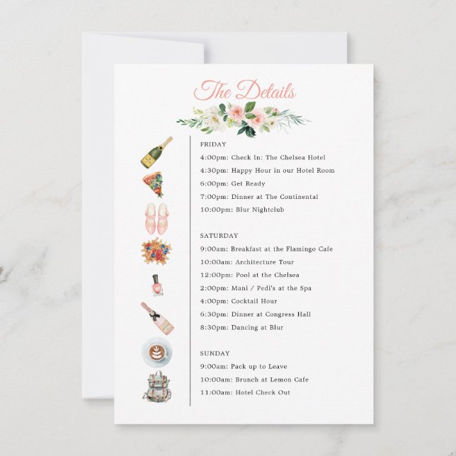 Bachelorette Weekend Icon Itinerary Floral Invitation (Back)