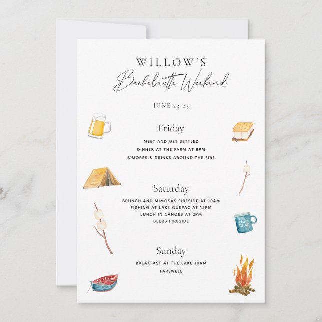 Bachelorette Weekend in the Woods Itinerary Invitation (Front)