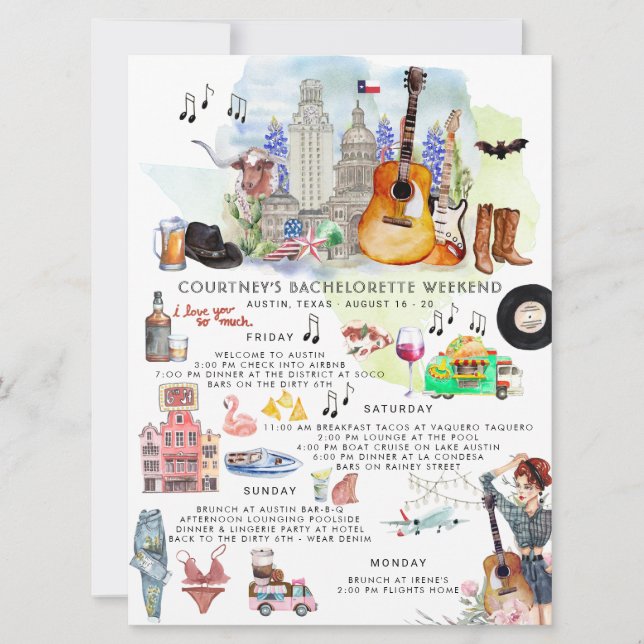 Bachelorette Weekend Itinerary | Austin, Texas Invitation (Front)