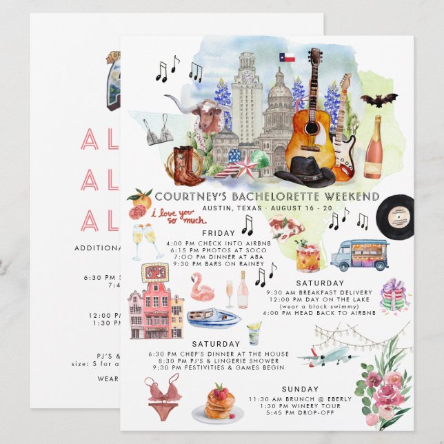 Bachelorette Weekend Itinerary | Austin, Texas  Invitation (Front/Back)